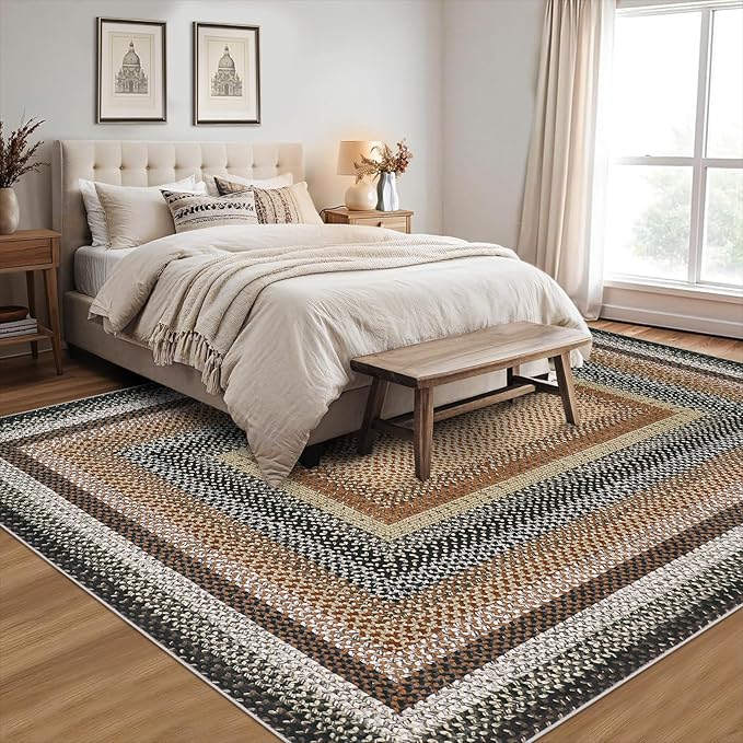 RUGSREAL Modern Rug for Entryway 3x5 Braided Area Rug Machine Washable Living Room Rug Non Slip Small Dining Room Throw Carpet Stain Resistant Farmhouse Rustic Mat for Bedroom Kitchen, Sand/Bronze