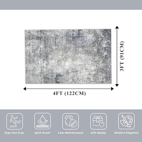 3x4 Washable Entryway Rug – Non-Slip Modern Abstract Small Area Rug for Kitchen, Bedroom, Bathroom – Soft Low-Pile Thin Indoor Door Mat （Blue Grey,3x4）