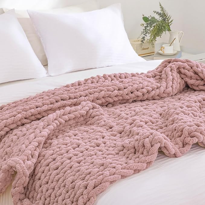YAAPSU Chunky Knit Throw Blanket for Couch, 51"x63", 100% Hand Knitted Thick Cable Knit with Cozy Jumbo Chenille Yarn, Soft Large Rope Knot Crochet Blankets for Sofa Bed Living Room Décor, Dusty Pink