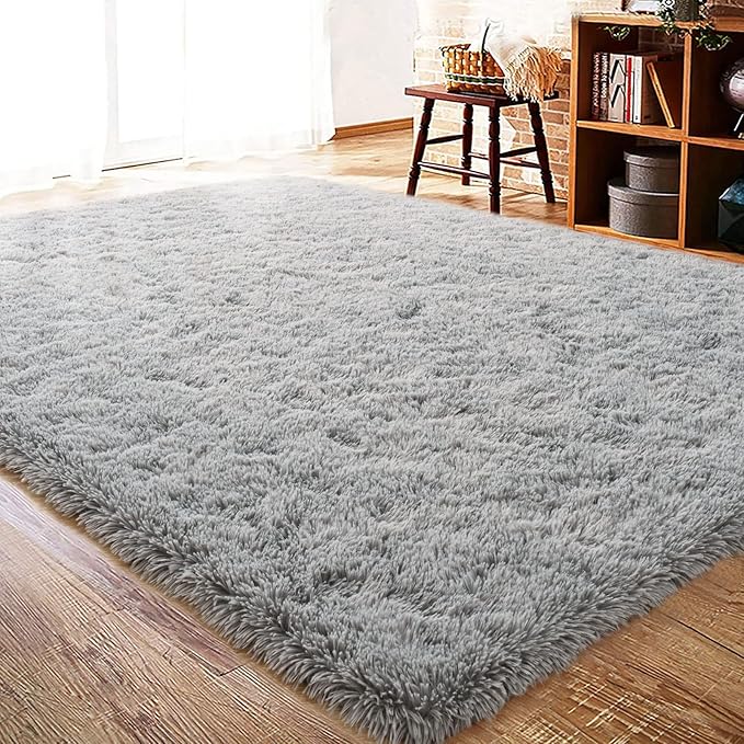 ISEAU Fluffy Dorm, College, Apartment, Bedroom Rug, 4 x 6 Feet Shaggy Area Rugs Floor Mat for Living Room Fuzzy Carpet Comfy Nursery Mats Bedside Kids Boys Room Home Decor, Grey