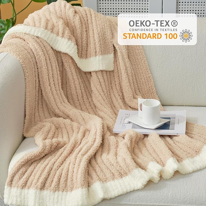 Snuggle Sac Soft Ribbed Beige Throw Blanket for Couch, Luxurious Fluffy Cozy Knit Throws for All Season, Reversible Warm Microfiber Netural Blankets for Couch, Sofa, Travel, Beige, 50x60 inches