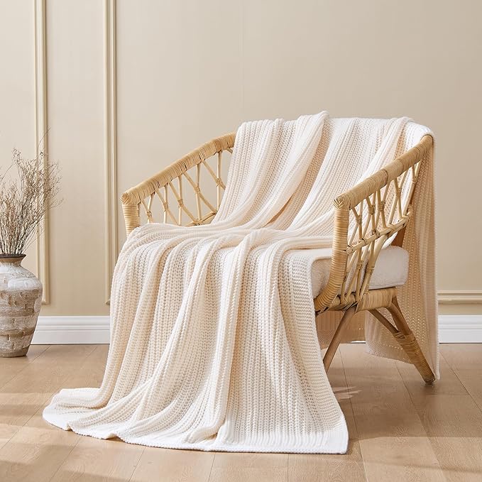 Cream White Chunky Knit Throw Blanket 60"x80" - Soft Cozy Thick Knitted Blanket for Couch Sofa Bed, Cute Christmas Decorative Throw for Living Room
