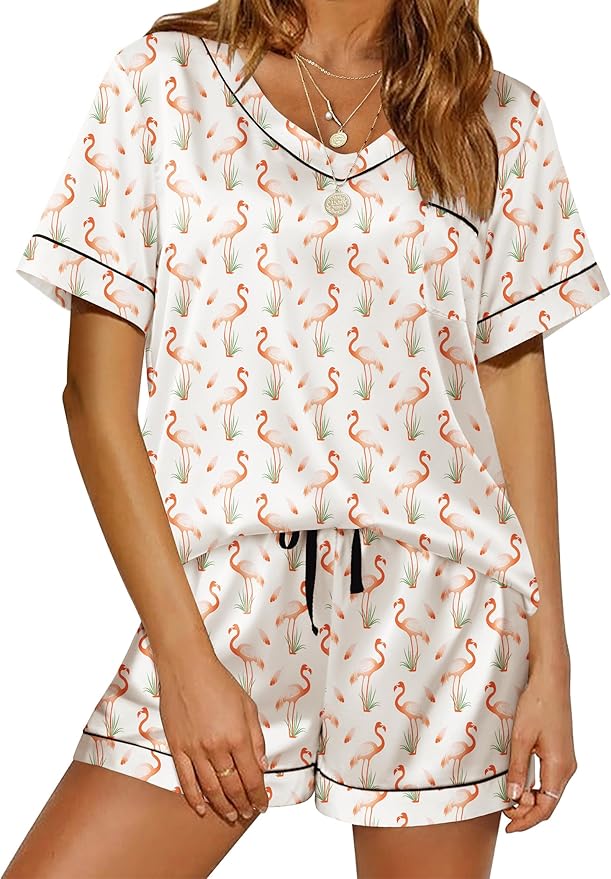 Ekouaer Silk Pajama for Women Short Sleeve Satin Pj Set Two Piece Soft Sleepwear Loungewear, S-XXL