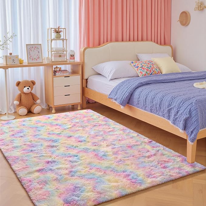 junovo 4x6 Washable Area Rug for Girls Bedroom Living Room, Tie-Dyed Rainbow Soft Non-Slip Fluffy Rugs, Shag Plush Memory Foam Carpet for Kids Room Baby Nursery Home Decor