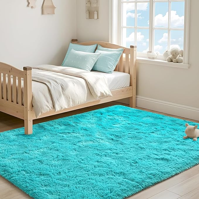 ISEAU 5x8 Area Rug for Living Room, Teal Blue Rugs for Bedroom, Kitchen, Soft Shaggy Carpets, Fluffy and Machine Washable Mats, Under Bed, On Nursery Floors Mat, Boys, Girls Room Carpet Decor