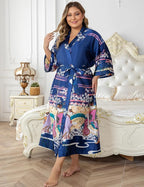 Women's Floral Long Satin Robes Plus Size Long Silk Robes Peacock Floral Kimonos Sleepwear Dressing Gown