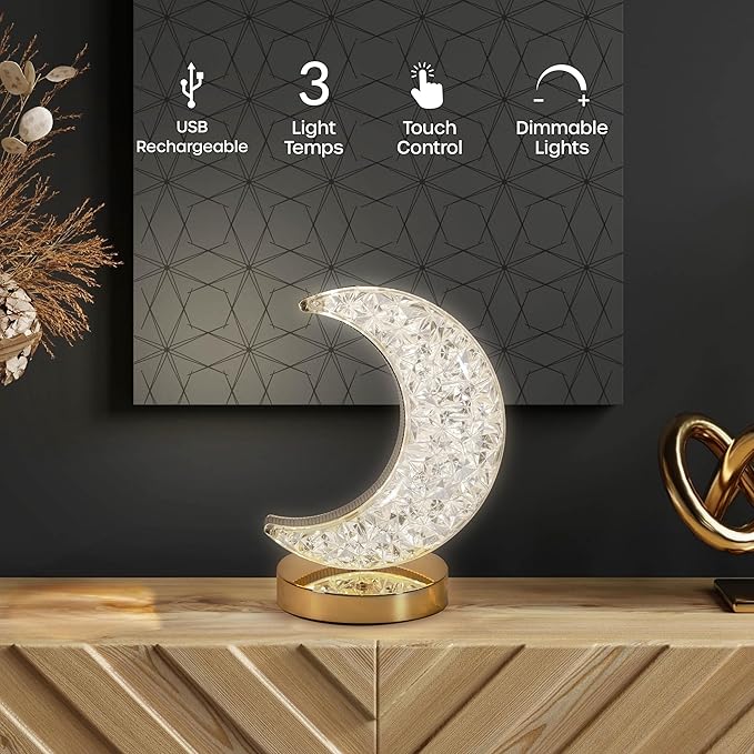 Luze ZE Crescent Moon Desk Lamp - Rechargeable Touch Lamp, 3 Brightness Levels, Dimmable Night Light for Bedroom & Kids Room, USB Rechargeable Bedside Lamp, Warm Light, Portable, Metal & Plastic