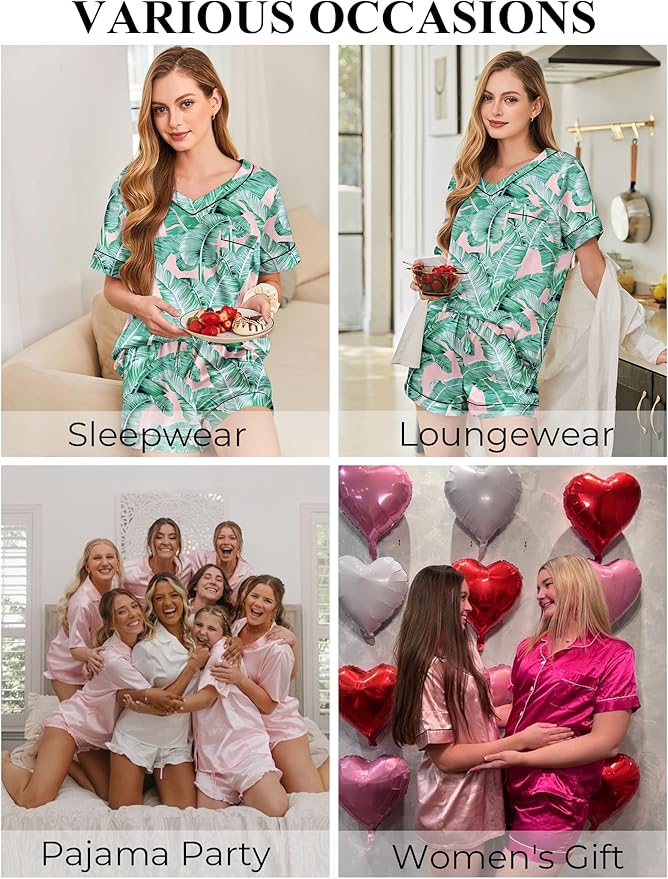 Silk Pajamas for Women Short Sleeve Satin 2 Piece Pj Set Soft V Neck Sleepwear Loungewear, S-XXL