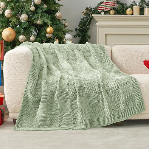 Amélie Home Knit Throw Blanket, Soft Chenille Cozy Breathable Checkered Chunky Decorative Blanket for Couch, Bed & Sofa, French-Inspired Lightweight Warm Gift for Women, Sage Green, 50"x60"