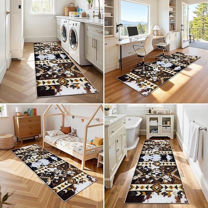 Country Long Hallway Cow Print Rug,1.3x7ft,Faux Cowhide Animal Print Southwestern Runner Rug,Western Aztec Tribal Decor Rustic Runner Rugs, Non-Slip Washable Floor Mat for Kitchen Bedroom