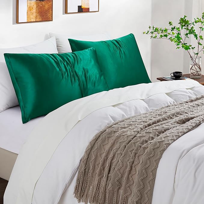 Satin Pillowcases with Zipper （20x36）,King Size Pillowcases Set of 2,Blackish Green Silk Pillowcase for Hair and Skin