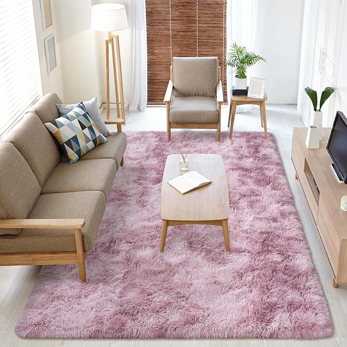 Softlife Area Rug for Living Room, 5x8 Feet Plush Fluffy Rug for Bedroom, Tie-Dyed Pink Purple Shag Rug for Aesthetic Christmas Room Decor, Soft Modern Fuzzy Faux Fur Carpet for Kids Nursery Room Dorm
