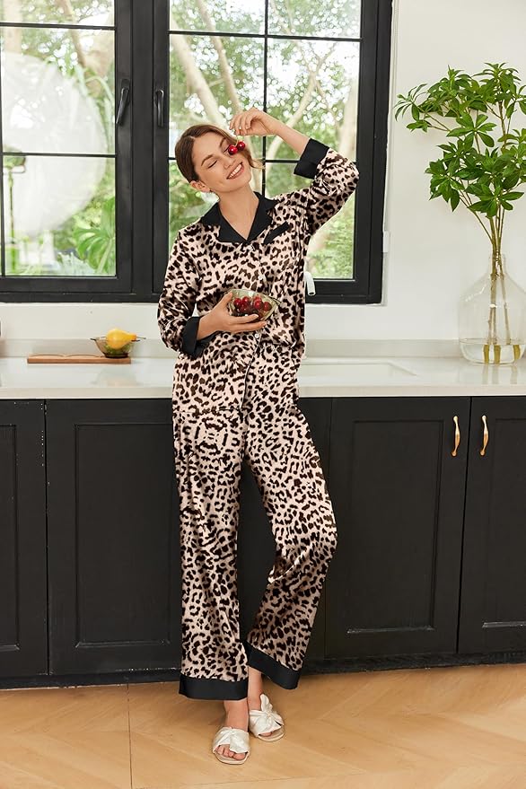 Ekouaer Silk Pajamas for Women Long Sleeve Satin Pajama Set Silky Pj Sets 2 Piece Button Down Loungewear Sleepwear