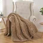 WESHIONGOO Chunky Knit Blanket Throw 51"×63" Knitted Throw Blankets for Couch Bed Fluffy Soft Blanket with Jumbo Chenille Yarn Thick 100% Handmade (Brown)