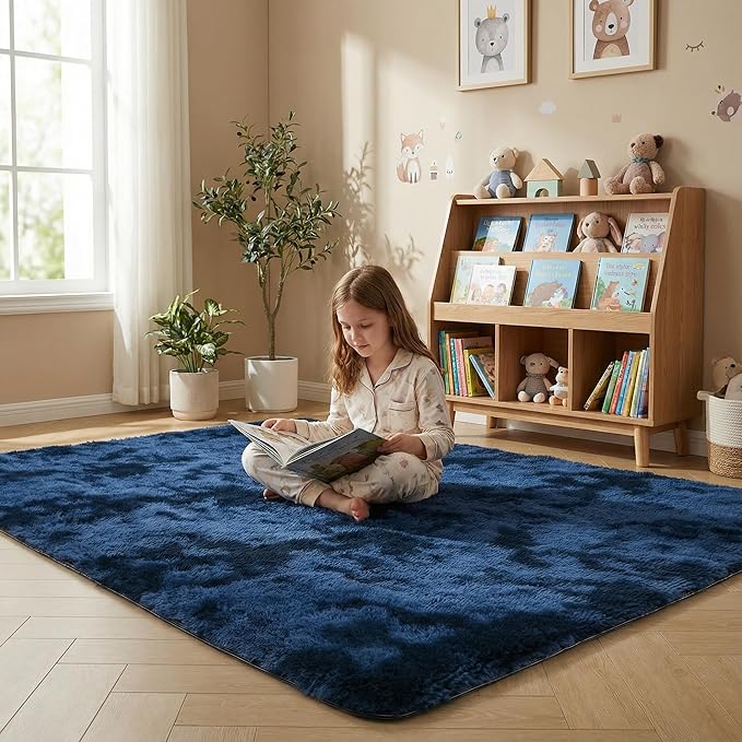 duduta Navy Blue Soft Fluffy Rug 5x8 ft, Tie-Dyed Shag Fuzzy Plush Rectangle Carpet for Bedroom Nursery Living Room Home Decor