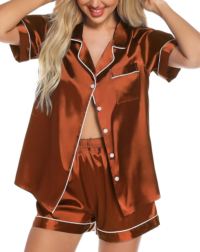 Samring Women's Silk Satin Pajamas Set Short Sleeve Sleepwear Two Piece Button Down Pj Set with Pockets S-XXL
