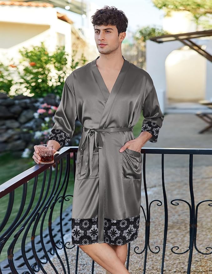 Ekouaer Mens Satin Robe Lightweight Silky Kimono Bathrobe 3/4 Sleeve Spa Knee Length Loungewear with Pockets S-3XL
