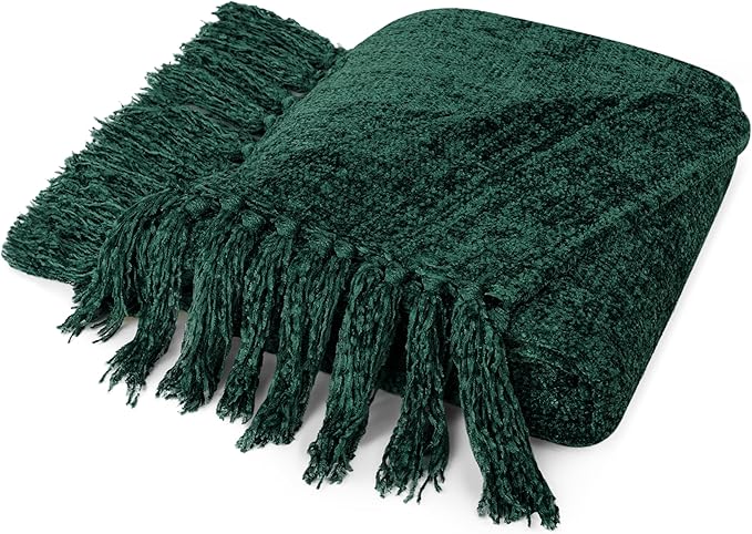 PAVILIA Emerald Green Throw Blanket for Couch, Twin Size Bed, Chenille Soft Knit Woven With Tassel, Decorative Textured for Sofa, Living Room 60x80