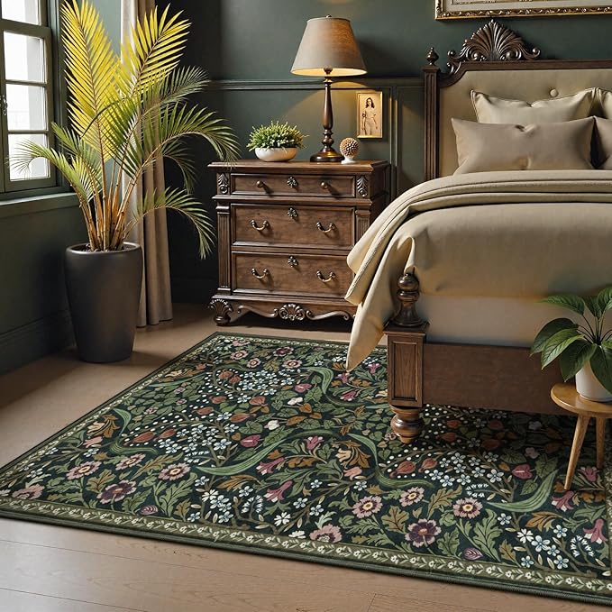 Lahome Claude Floral 5x7 Washable Living Room Rugs, Green Area Rugs for Bedroom Rubber Backed, Botanical Thin Stain-Resistant Carpet for Dining Room, Guestroom, Kids Room, Living Room Decor