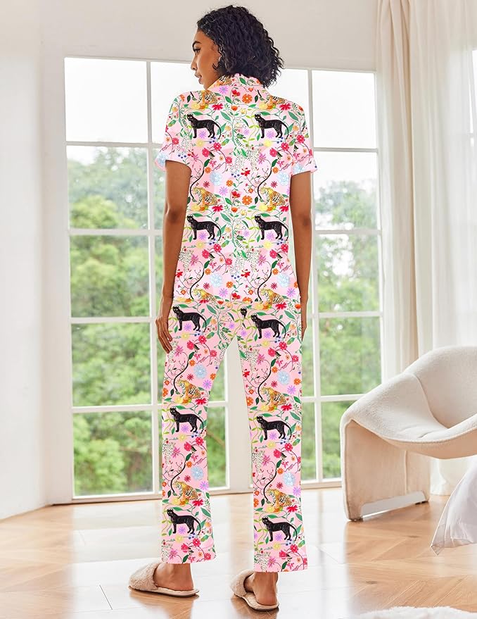 Ekouaer Silk Satin Pajamas Set Women Short Sleeve Sleepwear Soft Button Down Loungewear Pjs Set