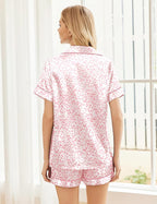 Ekouaer Womens Silk Satin Pajama Sets Soft Short Sleeve Button Down Sleepwear Top and Shorts 2 Piece Pjs Lounge Set
