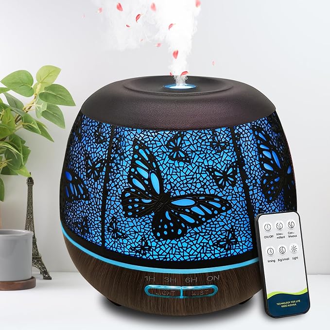 Roonbo Diffusers for Essential Oils Large Room 400ml,Essential Oil Diffuser for Home with R/C,Cool Mist Humidifiers for Bedroom,7 Colors Changed & 3 Mist Mode Waterless Auto Off for Decor Butterfly