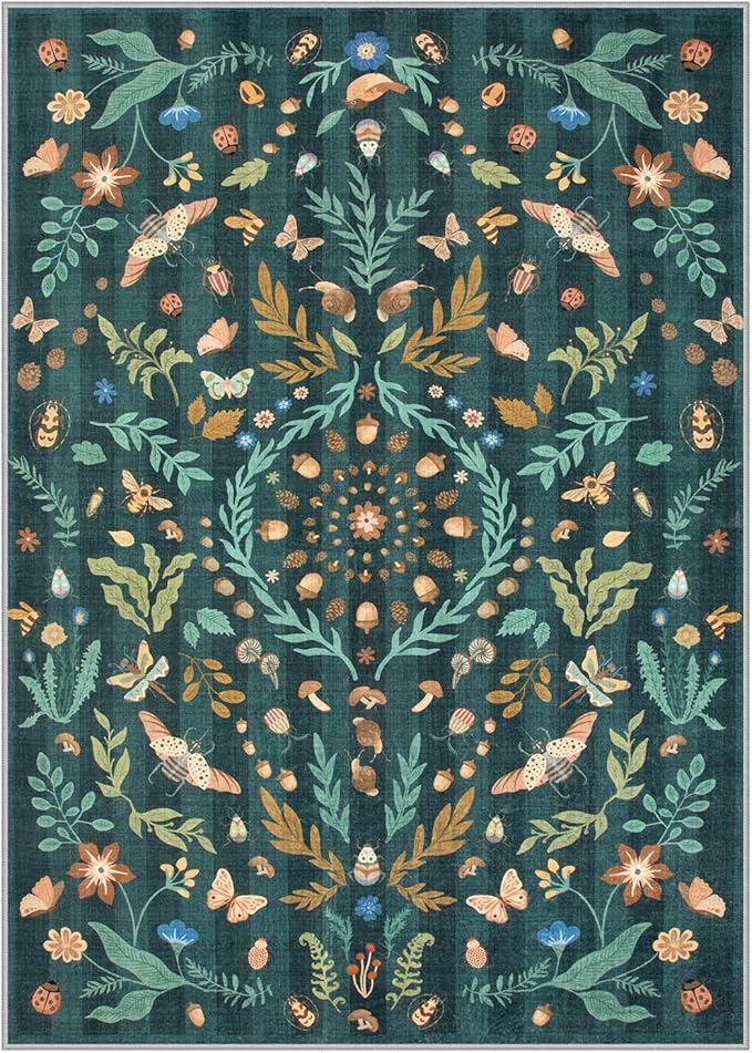 Lahome Chloe Insect Botanical Washable 5x7 Area Rugs for Living Room, Non Slip Green Rug for Bedroom, Boho Indoor Throw Dining Room Carpet for Under Table Entryway Kitchen Office(Dark Green,5x7)