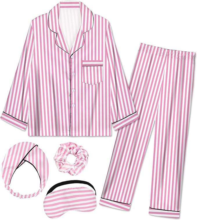 EPLAZA Kids Satin Pajamas Sets Girls Boys Button-Down Silky Pajamas Sleepwear with Hairband Eye Mask Hair Tie
