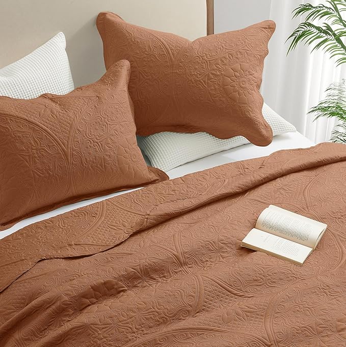 IR Imperial Rooms Queen Quilt Bedding Set Size (90" x 96") + 2 Pillow Shams (20" x 26"+ 2") - 3 Pcs All Season Lightweight Reversible Microfiber Coverlet Floral Embossed Quilt Bedspread (Rust)
