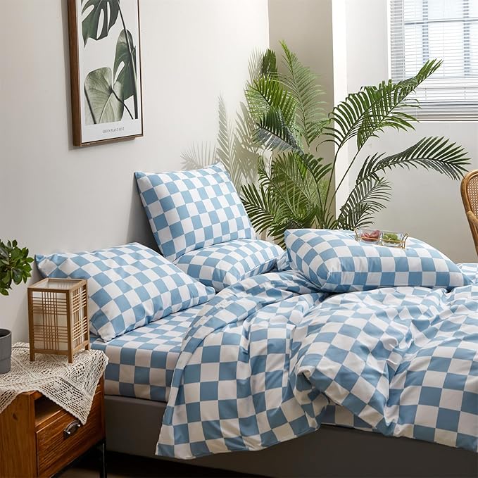 CLOTHKNOW Blue White Plaid Full Size Comforter Set 3Pcs Grid Bedding Comforter Sets Season Soft Checker Comforter with 2 x Pillow Cases