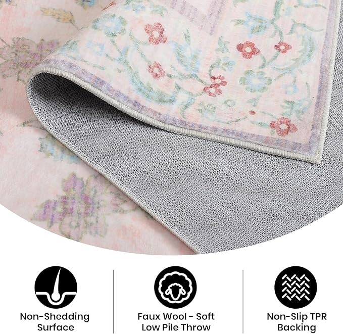CRYPTOLITE Area Rug 4x6, Washable Faux Wool Throw Rugs for Living Room, Non Slip Low Pile Vintage Boho Carpet for Dining Room, Home Office, Bedroom, Kids Room, Bedside (Pink)