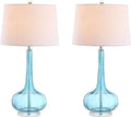 JONATHAN Y 28.5" Aqua Glass Teardrop LED Table Lamp Set of 2 for Living Room Bedroom Nightstand, White Linen Shade Modern Transitional Bedside Desk Lamp (JYL1079B-SET2)