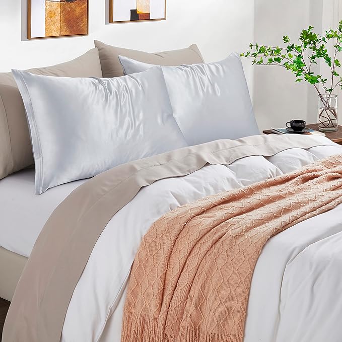 Satin Pillowcases with Zipper （20x26）,Standard Size Pillowcases Set of 2, Light Gray Silk Pillowcase for Hair and Skin