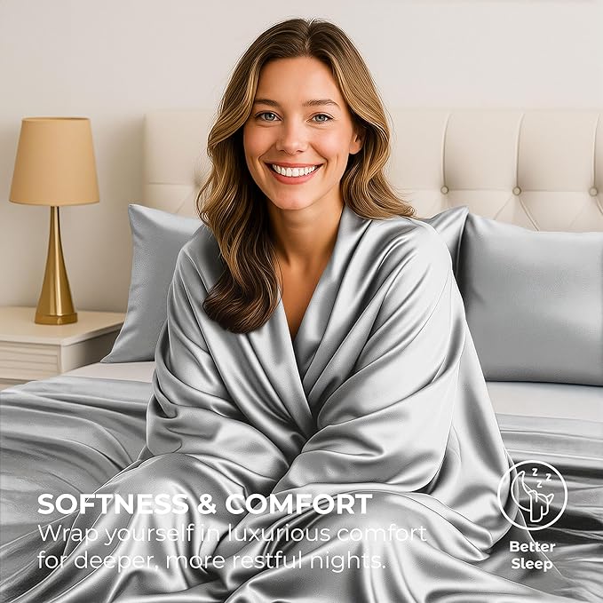 Satin Sheets Full [4-Piece, Grey] Hotel Luxury Silky Bed Sheets - Extra Soft 1800 Microfiber Sheet Set, Wrinkle, Fade, Stain Resistant - Deep Pocket Fitted Sheet, Flat Sheet, Pillow Cases