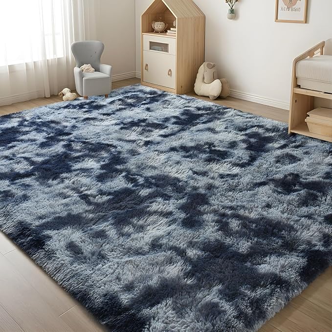 ISEAU Super Soft Rugs for Dorm, College, Apartment, Bedroom Shaggy Area Rug, 3x5 Feet Tie-Dye Carpet Fluffy Mats for Living Room, Non-Slip Abstract Fuzzy Rugs for Girls Boys Kids Room, Dark Blue