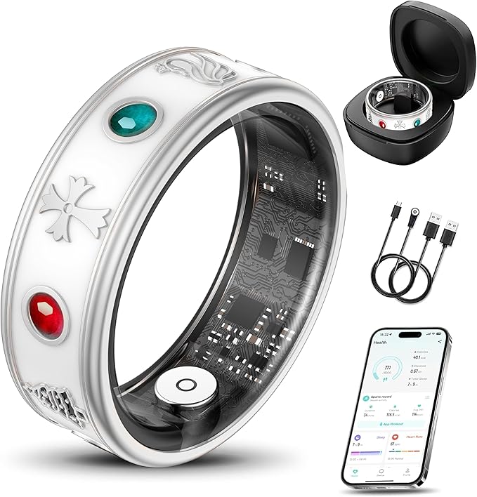 Smart Ring for Men, Fitness & Activity Tracker with Blood Pressure/Heart Rate Monitor, Sleep Tracker, Step Counter, IP68 Waterproof Ring for iOS & Android, Fast Charge, No Subscription (Silver,Size10）
