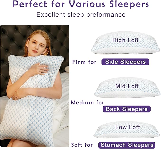 Premium Adjustable Shredded Memory Foam Pillow - Suitable for Side, Back, and Stomach Sleepers, with Cooling Fiber Machine Washable Cover (King-2PCS-Lavender)
