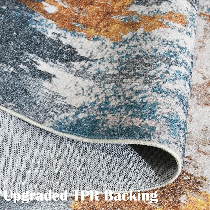 Entryway Rug Indoor Door Mat 3x5 Washable Boho Small Area Rug Non-Slip Ultra Soft Faux Wool Vintage Rug for Kitchen, Bathroom, Entrance, Throw Carpets for Bedroom, Living Room (Blue, Grey, Gold)