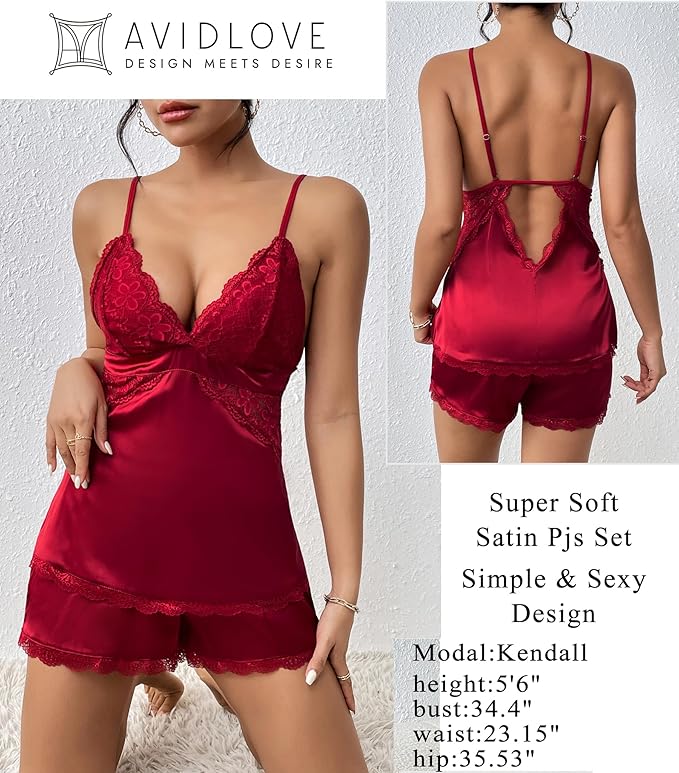 Avidlove Women Sleepwear Satin Pajamas Set Lace Camisole Shorts Nightwear