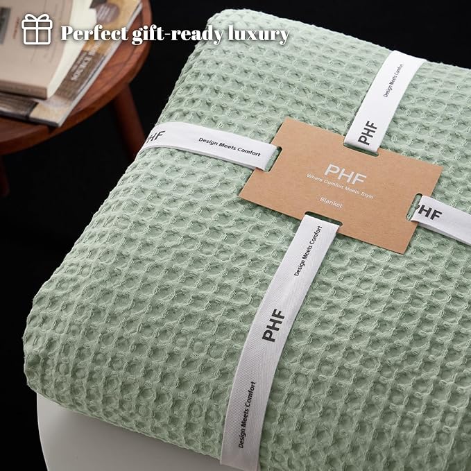 PHF Ultra Soft Waffle Weave Throw Blanket 50"x 60"- Washed Lightweight Breathable Cozy Woven Blanket for Bed - Aesthetic Decor for Couch Bedding Sofa Home Car - Sage Green/Mint Green