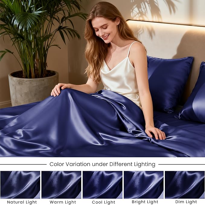 Love's cabin Full Size Satin Sheet Sets - 4 Piece Navy Blue Silky Sheet Set Full with Deep Pocket, Luxury Silk Feel Satin Bed Sheets Full Bedding Set (1 Flat Sheet,1 Fitted Sheet,2 Pillow Cases)