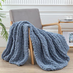WESHIONGOO Chunky Knit Blanket Throw 40"×60" Knitted Throw Blankets for Couch Bed Fluffy Soft Blanket with Jumbo Chenille Yarn Thick 100% Handmade(Dusty Blue,Medium Size Throw)