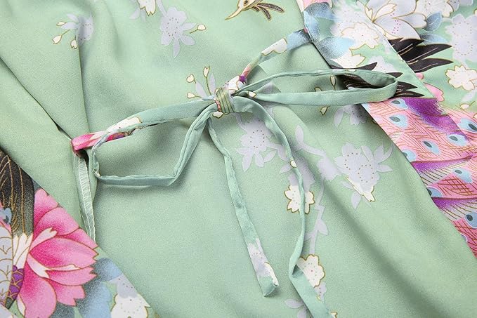 Women's Short Kimono Robes Bride and Bridesmaid Satin Floral Bathrobe Peacock Sleepwear Dressing Gown for Wedding Party