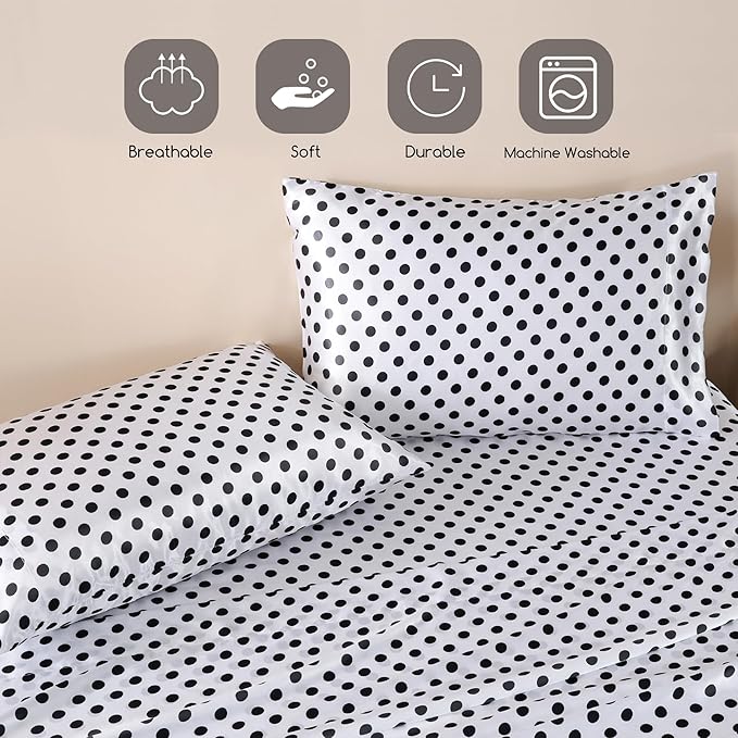 MR&HM Satin Bed Sheets with Elastic Corner Straps, King Size Sheets Set, 4 Pcs Silky Bedding Set with 15 Inches Deep Pocket for Mattress (King, Polka Dot)
