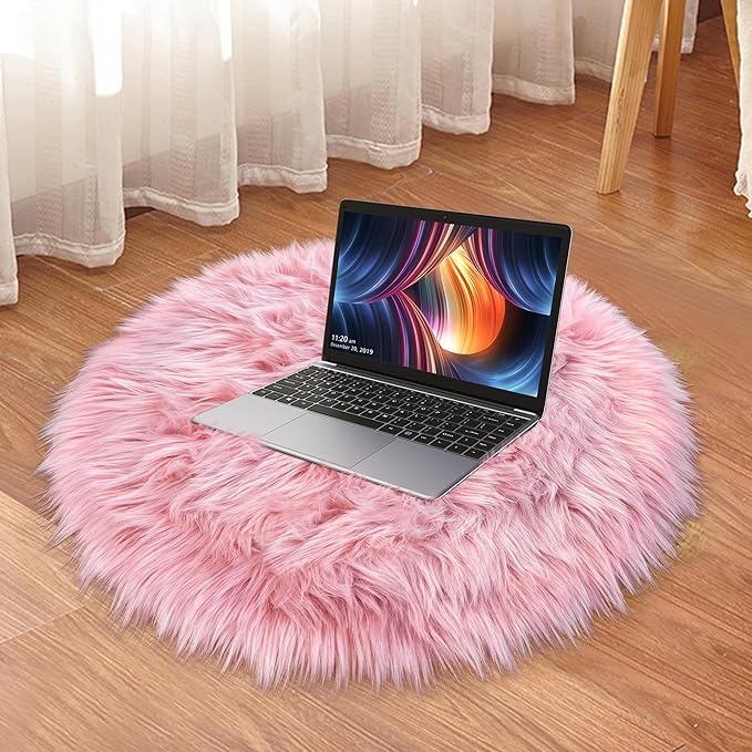 Pink Round Rug for Girls Bedroom, Fluffy Circle Rug 2 2 Feet for Kids Room, Furry Carpet for Teen Girls Room, Shaggy Circular Rug for Nursery Room, Fuzzy Plush Rug for Dorm