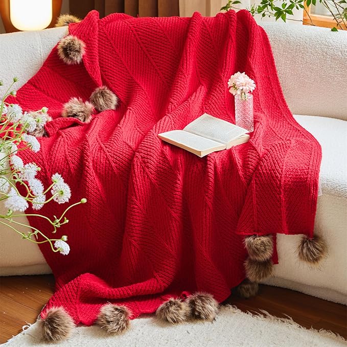 vctops Christmas Fur Pom Pom Knit Throw Blanket Super Soft Warm Cozy Cable Knitted Blanket for Sofa and Couch 51 x 63 Inch Red