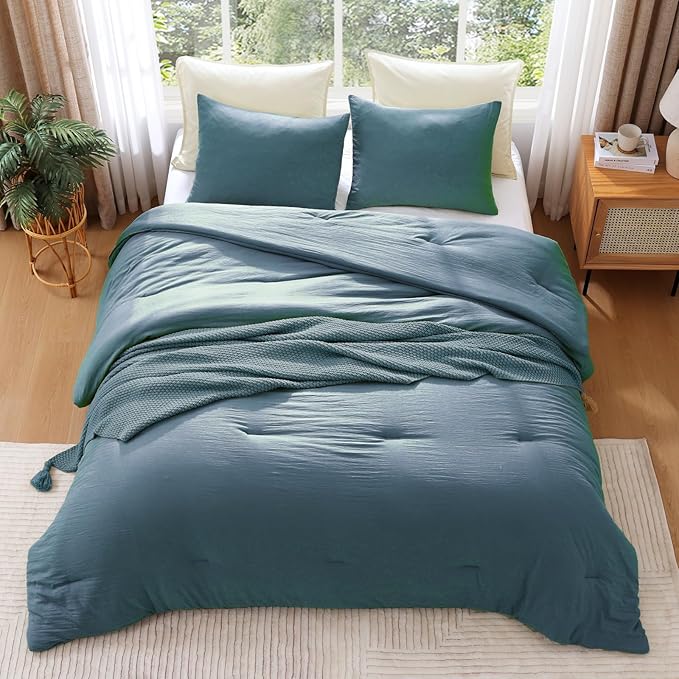 WRENSONGE Full Size Comforter Sets - 3 Pieces Oxford Blue Comforter Prewashed Soft Lightweight for All Seasons, Fluffy Down Alternative Comforter Full Size with 2 Pillow Shams