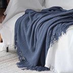 LOMAO Knitted Throw Blanket with Tassels Bubble Textured Lightweight Soft Throws for Couch Cover Home Decor (Navy, 50x60)