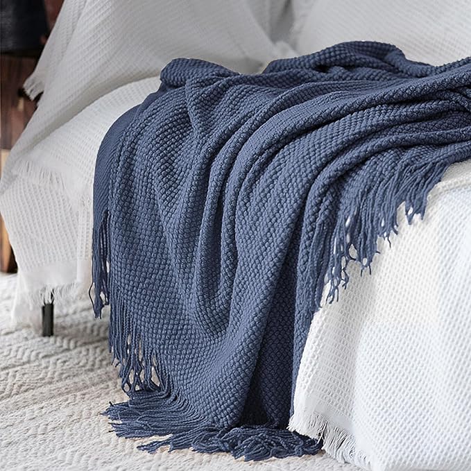 LOMAO Knitted Throw Blanket with Tassels Bubble Textured Lightweight Throws for Couch Cover Home Decor (Navy, 60x80)