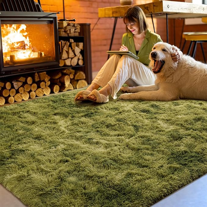 Softlife Area Rug for Living Room, Fluffy Shag Plush 5x8 Green Rugs for Bedroom Girls Kids, Shaggy Soft Fuzzy Tie Dyed Large Carpet for Dorm Bedside Ultra Cozy Non-Slip Indoor Decor